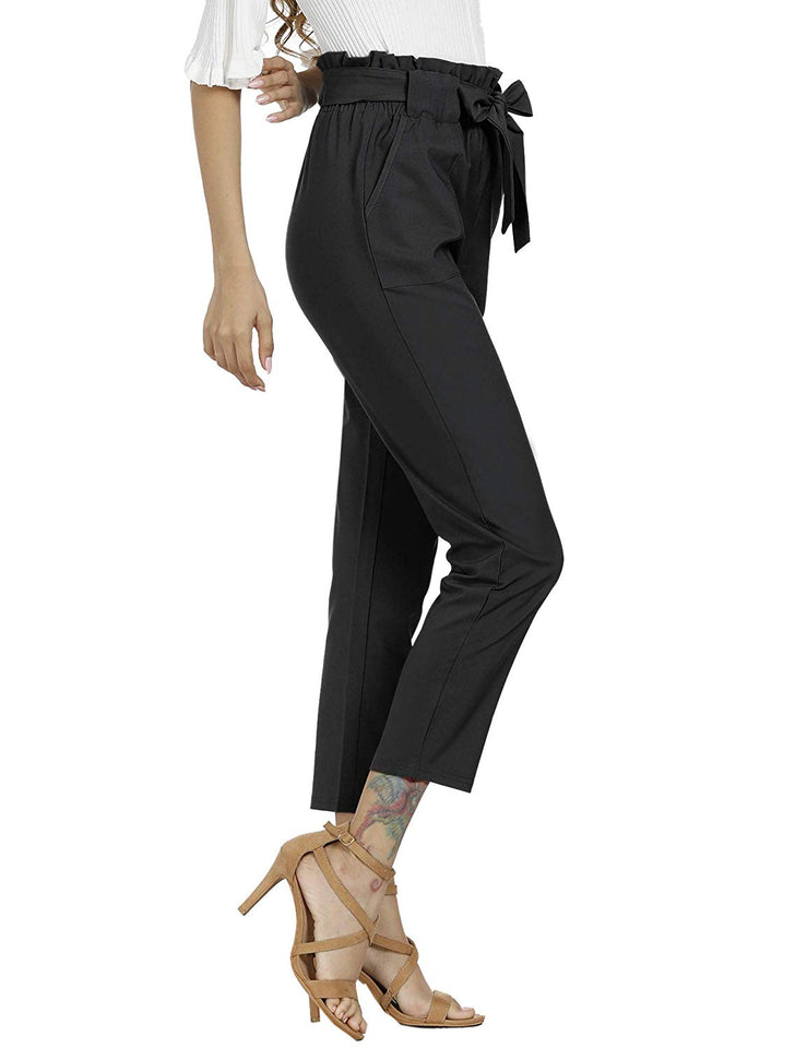 Freeprance Pantalón casual de mujer estilo bolsa de papel, cintura elástica, delgado, con bolsillos