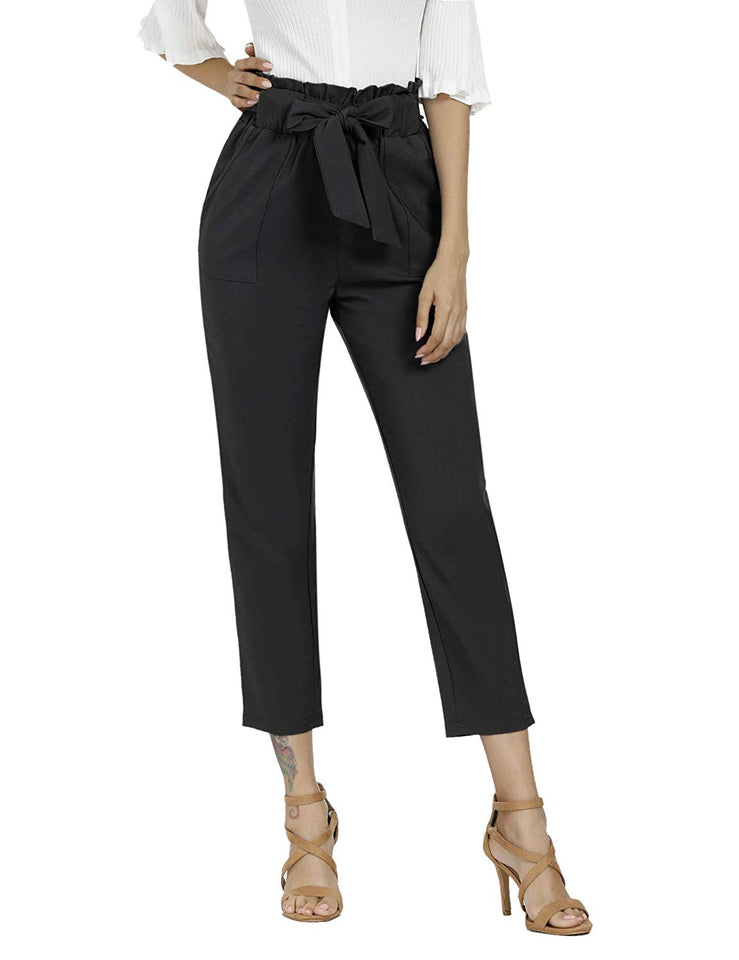 Freeprance Pantalón casual de mujer estilo bolsa de papel, cintura elástica, delgado, con bolsillos