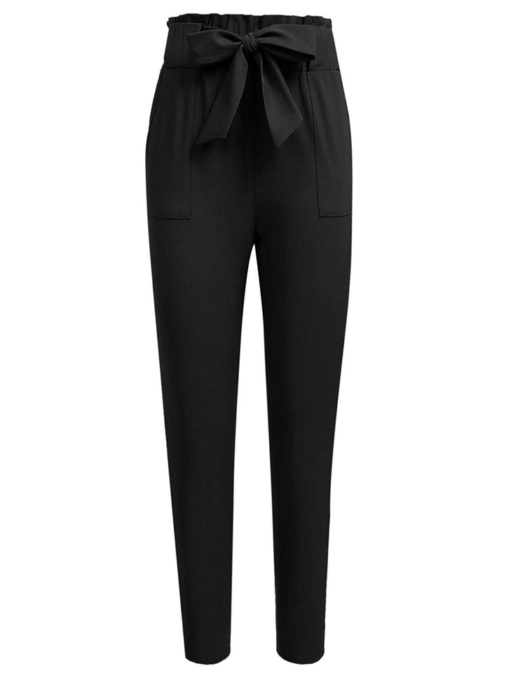 Freeprance Pantalón casual de mujer estilo bolsa de papel, cintura elástica, delgado, con bolsillos